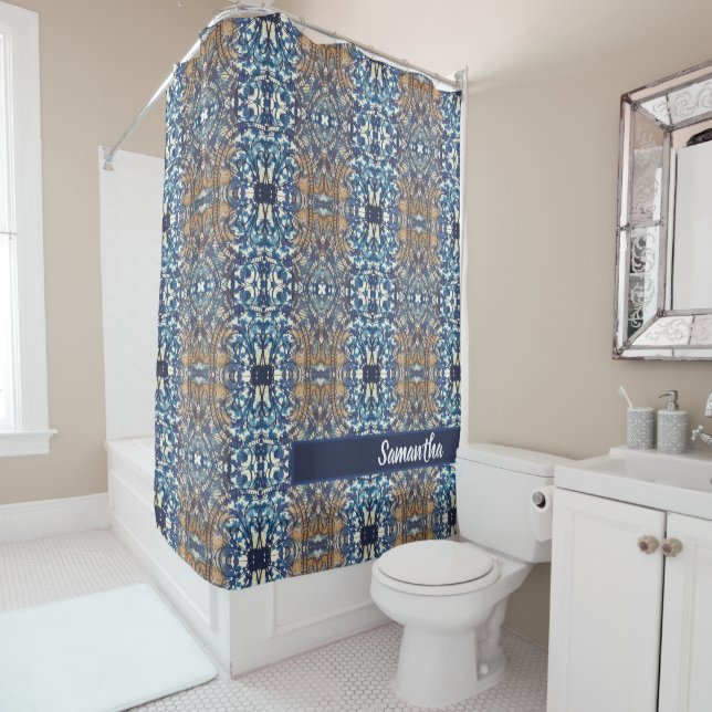 Rideaux De Douche Bleu blanc loft style céramique motif (En situation)