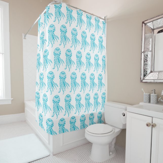 Rideaux De Douche Bleu Bleu Bleu Motif méduse Art (En situation)