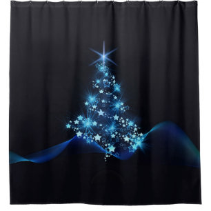 Rideaux De Douche Bleu brillant des étoiles sur l'arbre de Noël fonc