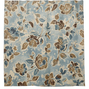 Rideaux De Douche Bleu Brun Brun Clair Floral Rustique