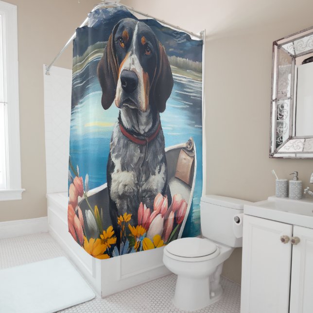 Rideaux De Douche Bleu Coonhound sur une pagaie : une aventure Pitto (En situation)