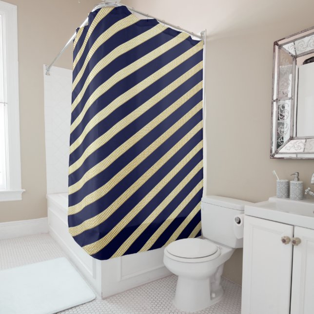 Rideaux De Douche Bleu diagonale et bandes or (En situation)