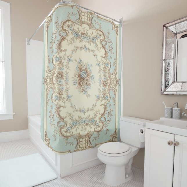 Rideaux De Douche Bleu Dusty et Brown Floral Oriental (En situation)