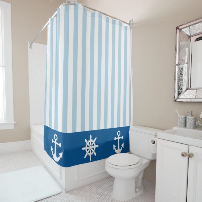 Rideaux De Douche Bleu et blanc avec symboles nautiques (En situation)