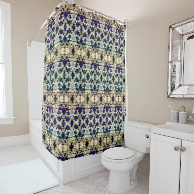 Rideaux De Douche Bleu ethnique, ikat beige (En situation)