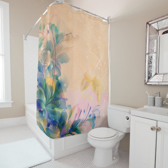 Rideaux De Douche Bleu Floral Abstrait Et Beige (En situation)