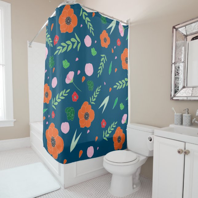 Rideaux De Douche Bleu foncé Arrière - plan coloré motif floral (En situation)