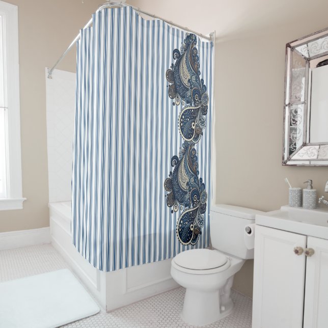 Rideaux De Douche Bleu foncé Paisley Bande Motif Retro Chic Boho (En situation)