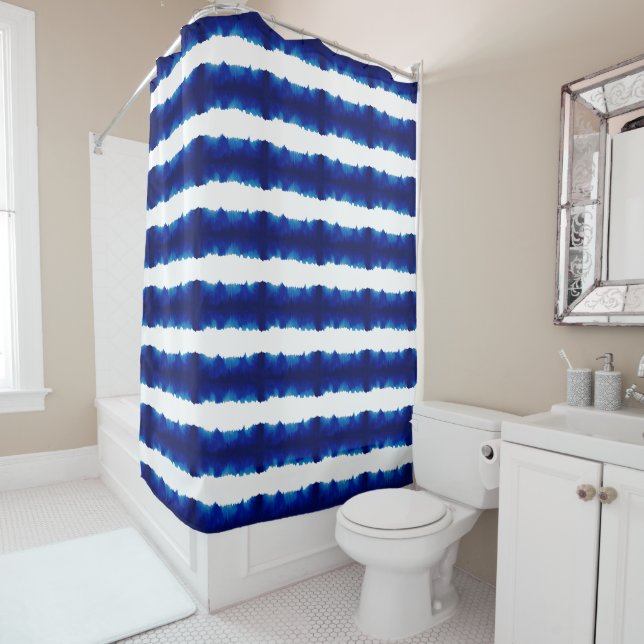 Rideaux De Douche Bleu Grille Shibori Grand Motif Nautique (En situation)