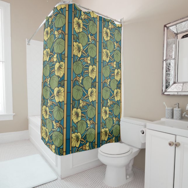 Rideaux De Douche Bleu jaune Nasturtium Fleur Nouveau Motif (En situation)