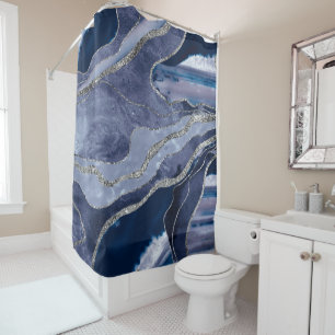 Rideaux De Douche Bleu Marbre Agate Parties scintillant argent Glam 