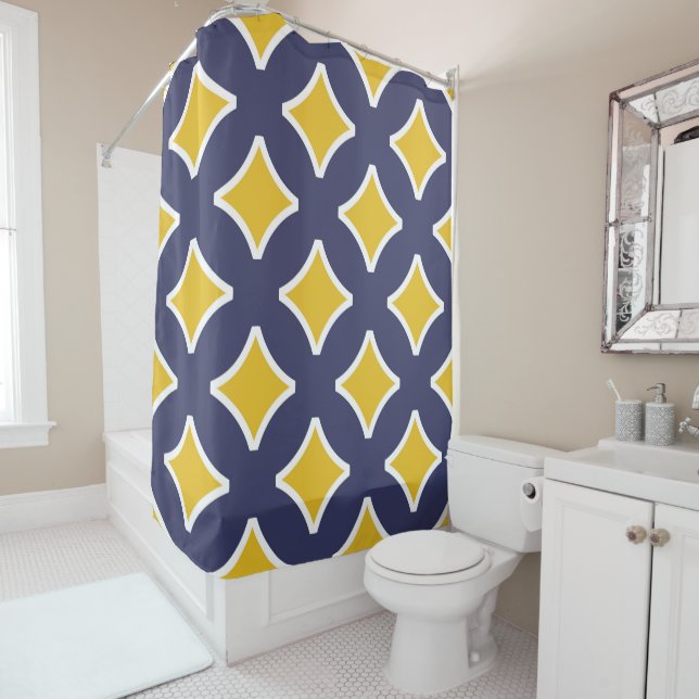 Rideaux De Douche bleu marine, moutarde jaune, blanc, moderne (En situation)