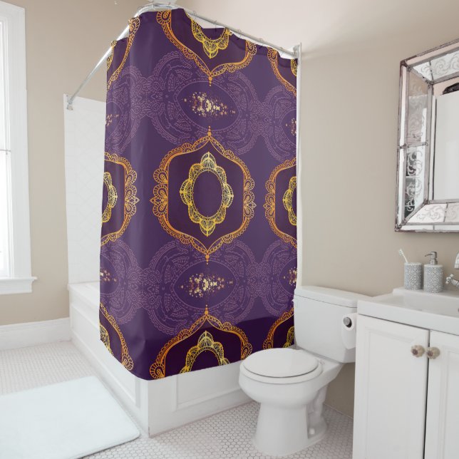 Rideaux De Douche Bleu marine ou violet avec Mandalas or (En situation)