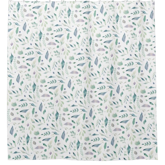 Rideaux De Douche Bleu Motif de feuilles traditionnelles sur blanc (Devant)