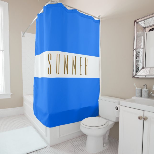 Rideaux De Douche Bleu Nautique Bleu Bleu Blancs Texte ÉTÉ (En situation)