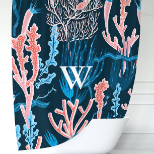 Rideaux De Douche Bleu Nuit et Corail Océanique Rose Monogramme Naut