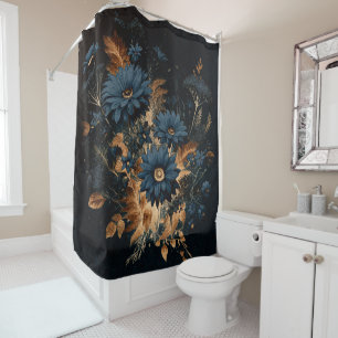 Rideaux De Douche Bleu Nuit Foncé & Or Floral Rustique Glam Bohème
