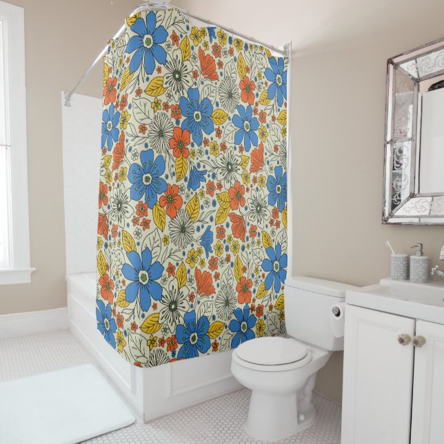 Rideaux De Douche Bleu rétro, Jaune & Orange Floral (En situation)