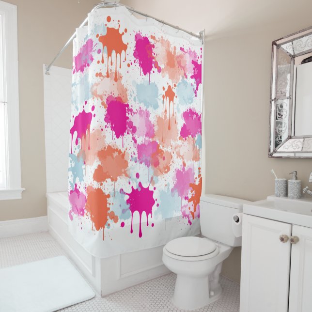 Rideaux De Douche Bleu rose orange Abstrait Peinture (En situation)