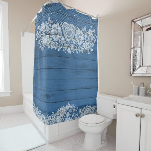Rideaux De Douche Bleu Rustique Bois & Blanc dentelle Lacy Farmhouse
