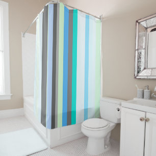 Rideaux De Douche Bleu, vert et gris Abstrait rayures