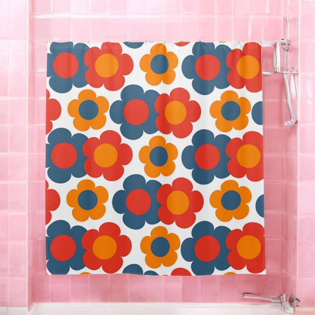 Rideaux De Douche Bleu Whimsical & Orange Floral Retro Gourme (Créateur téléchargé)