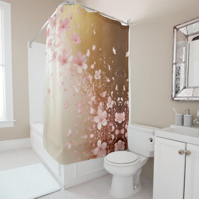 Rideaux De Douche Blizzard en fleur de cerisier sur or (En situation)