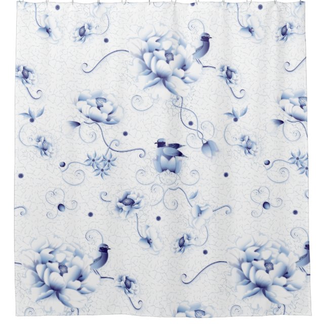 Rideaux De Douche Blue Bird Rose Chinoiserie Floral (Devant)