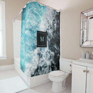 Rideaux De Douche Blue Black Ocean Waves Hawaii Monogramme