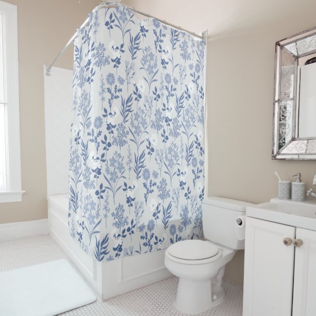 Rideaux De Douche Blue Flowers Botanical Painting (En situation)