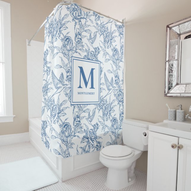 Rideaux De Douche Blue French Toile Monogram (En situation)