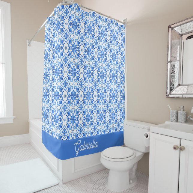 Rideaux De Douche Blue French Toile Pattern Name (En situation)