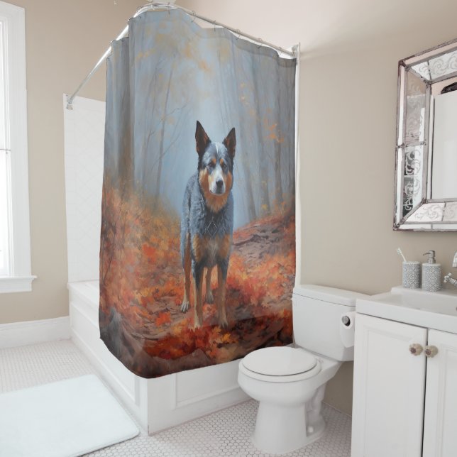 Rideaux De Douche Blue Heeler dans les feuilles d'automne automne au (En situation)