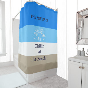 Rideaux De Douche Blue Tan and White Stripes Family Beach House