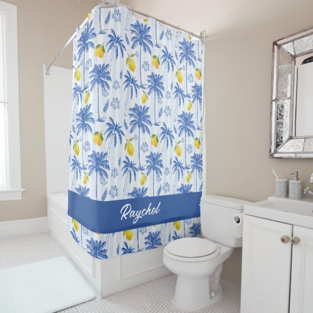 Rideaux De Douche Blue Toile Palm Trees Lemons Monogram Name (En situation)