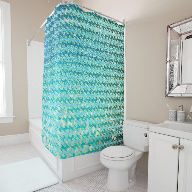 Rideaux De Douche Blue Turquoise Étincelle Océan Mermaid Waves Motif (En situation)