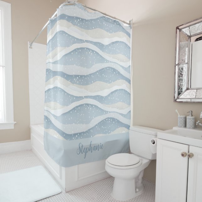Rideaux De Douche Blue Winter Snowfall Wave Personalized Pattern (En situation)