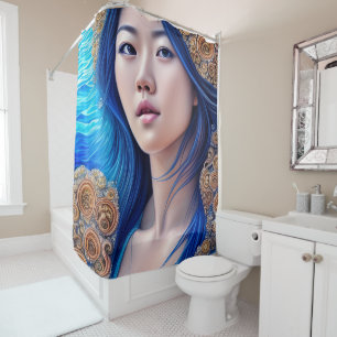 Rideaux De Douche Blue Woman Portrait Abstrait Imaginaire Art