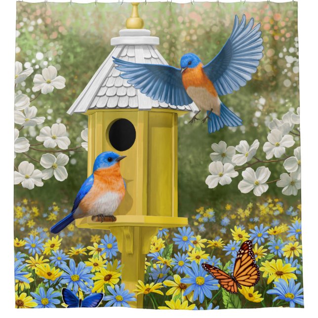 Rideaux De Douche Bluebirds et Rond Birhouse Jaune (Devant)