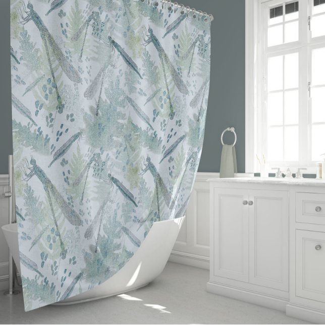 Rideaux De Douche Blues Dragonflies (Dragonflies Delicate Fern Leaves Blues Greens Shower Curtain from Studio Posies.)