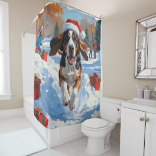 Rideaux De Douche Bluetick Coonhound courant dans la neige avec Noël