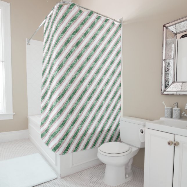 Rideaux De Douche Blush Pink Green Glitter Stripes Christmas   (En situation)