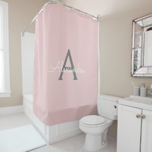 Rideaux De Douche Blush Rose Gris Moderne Écriture Féminine Monogram