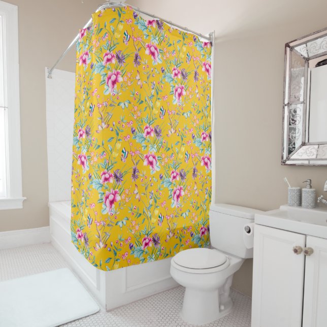 Rideaux De Douche Bohème Chic Floral & Papillons Moustard Jaune (En situation)