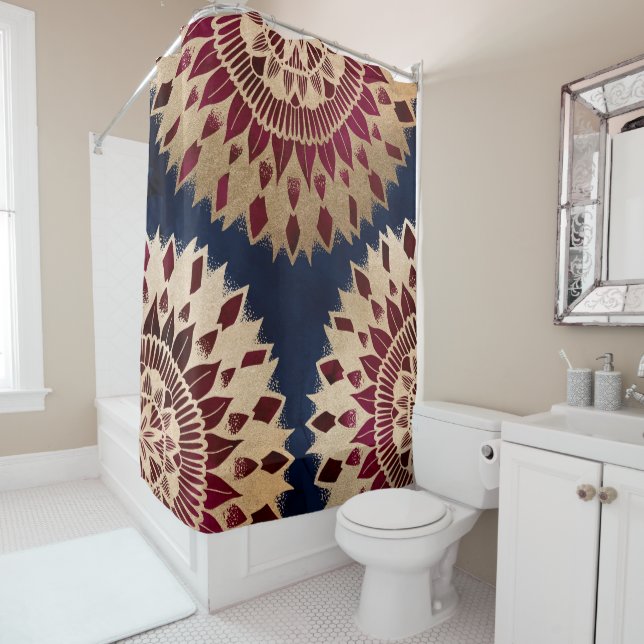 Rideaux De Douche Bohême Gold Navy Bourgogne main tiré Mandala (En situation)