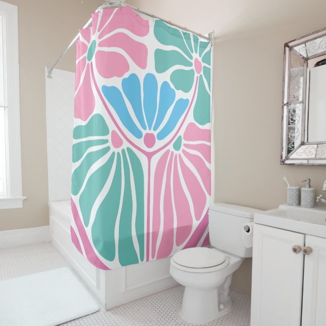 Rideaux De Douche Boho bleu vert rose rétro (En situation)