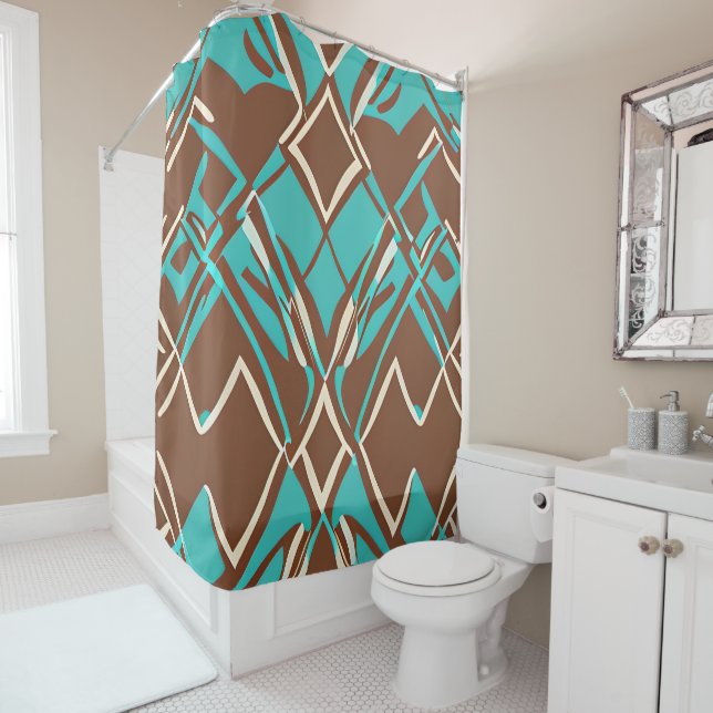 Rideaux De Douche Boho Brown et Turquoise Motif de formes géométriqu (En situation)