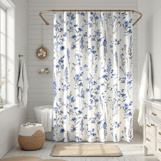 Rideaux De Douche Boho Fleurs sauvages bleu et blanc