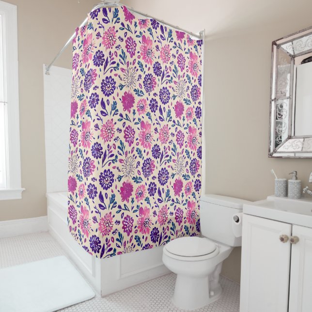 Rideaux De Douche Boho Floral Ombre Motif violet (En situation)
