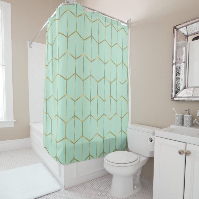 Rideaux De Douche Boho Mint Green Hexagon Gold & Géométrique Glam (En situation)